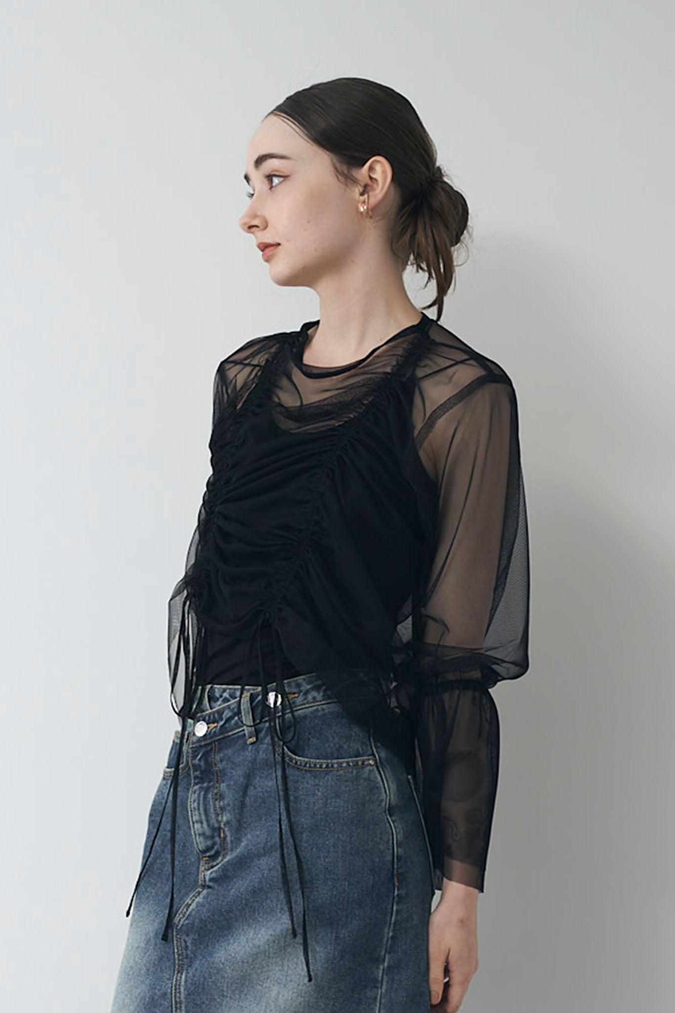 Sheer tulle gathered top