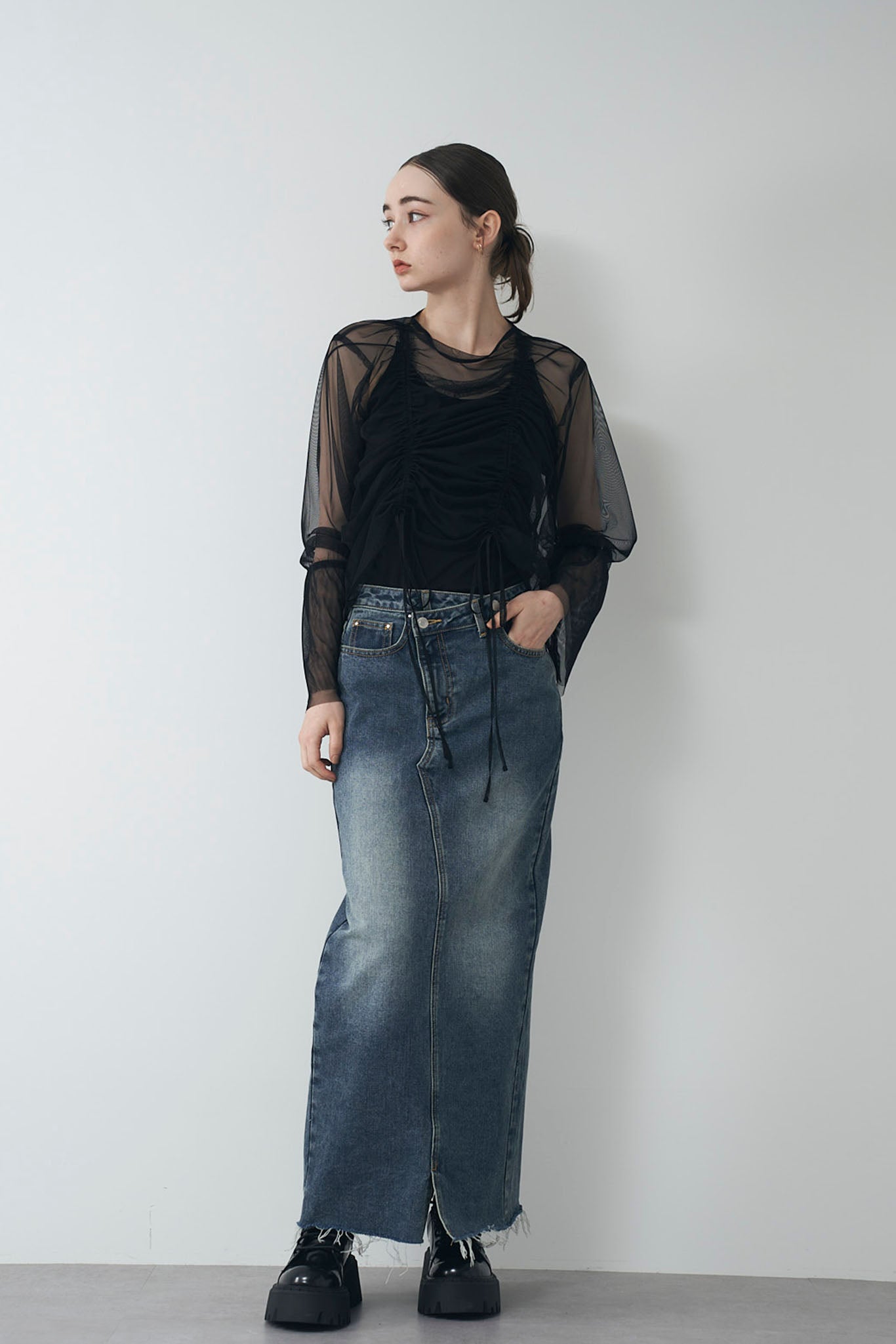 Sheer tulle gathered top