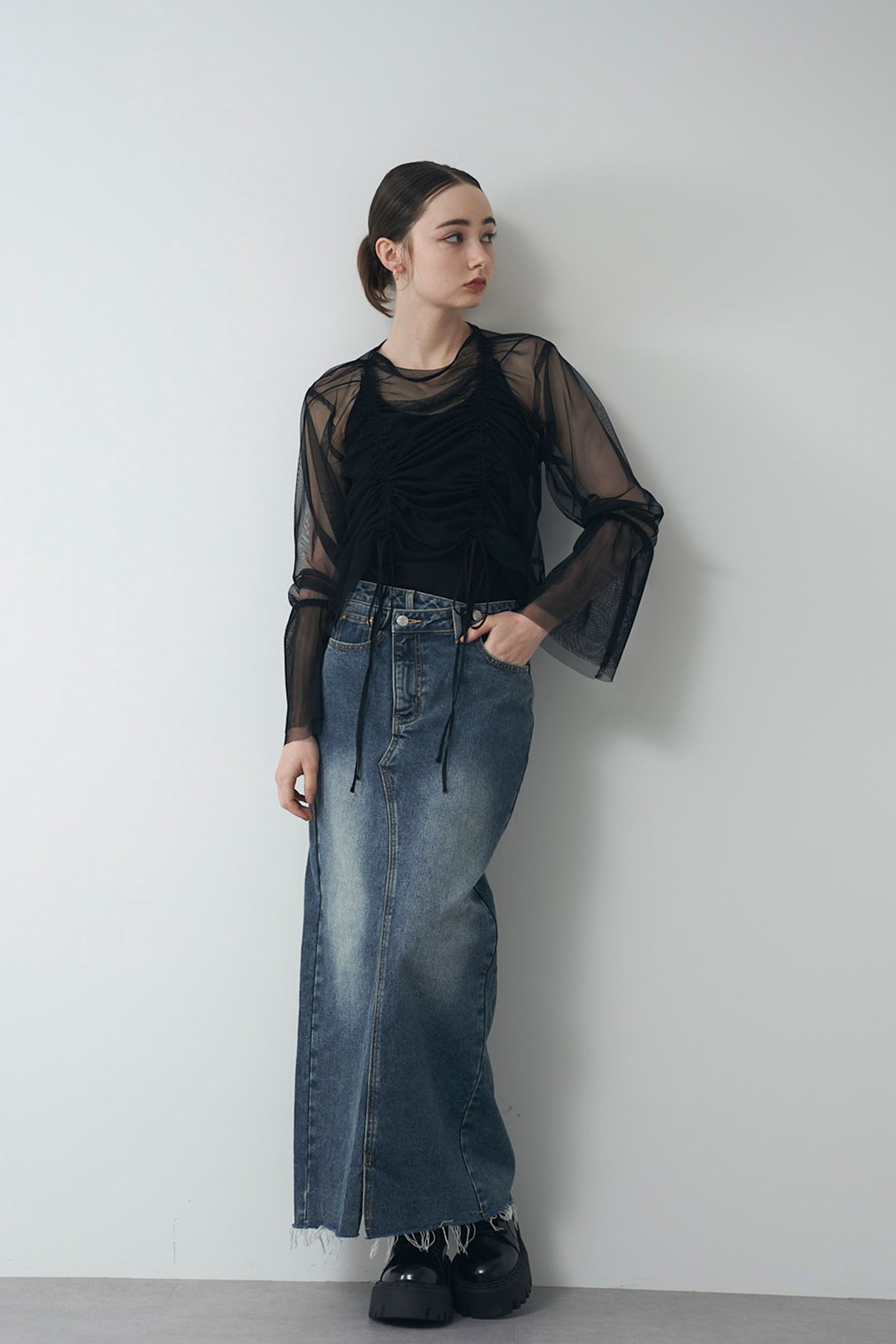 Sheer tulle gathered top