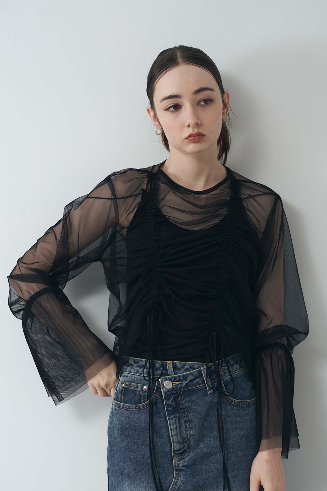 Sheer tulle gathered top
