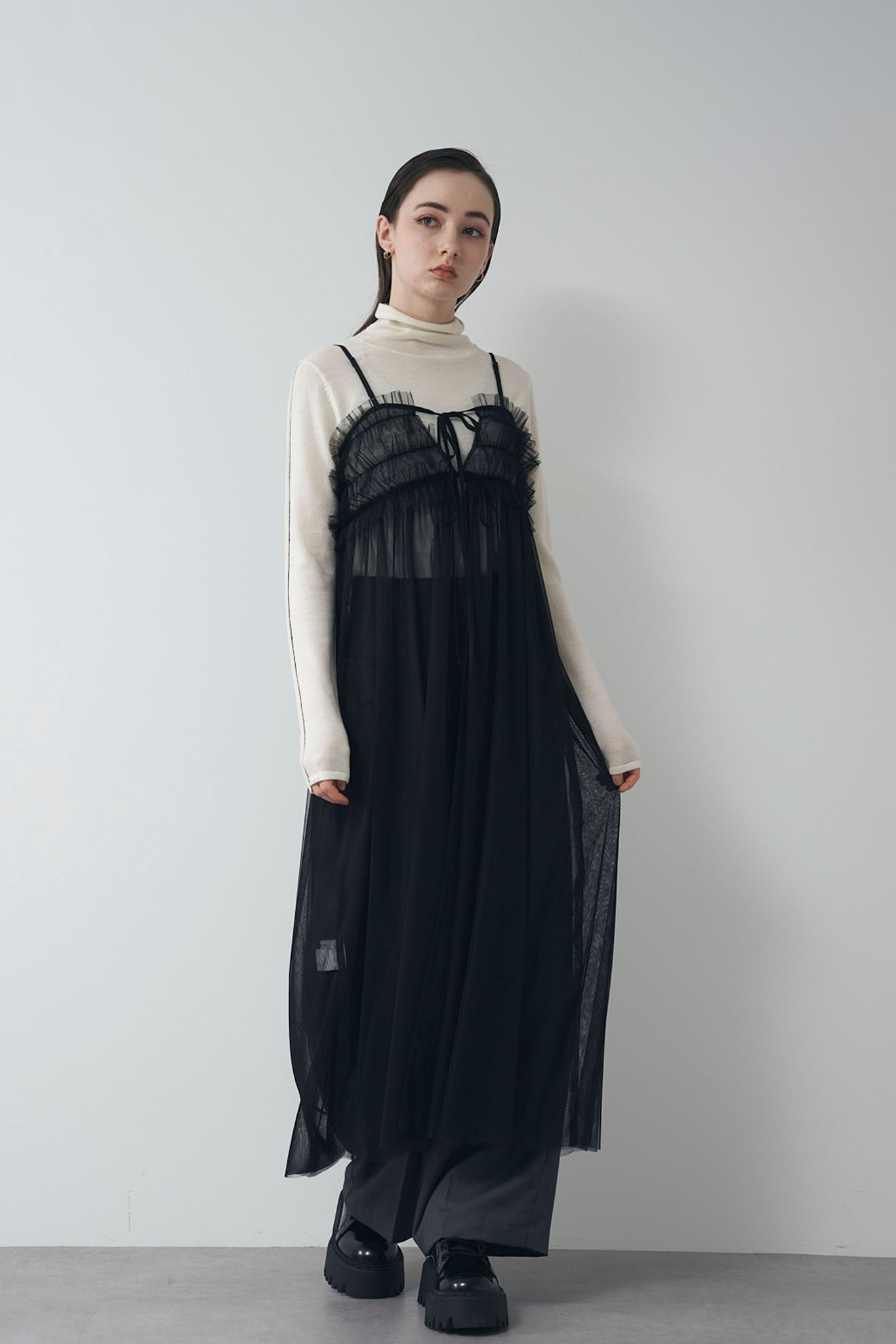 チュールギャザーキャミワンピース