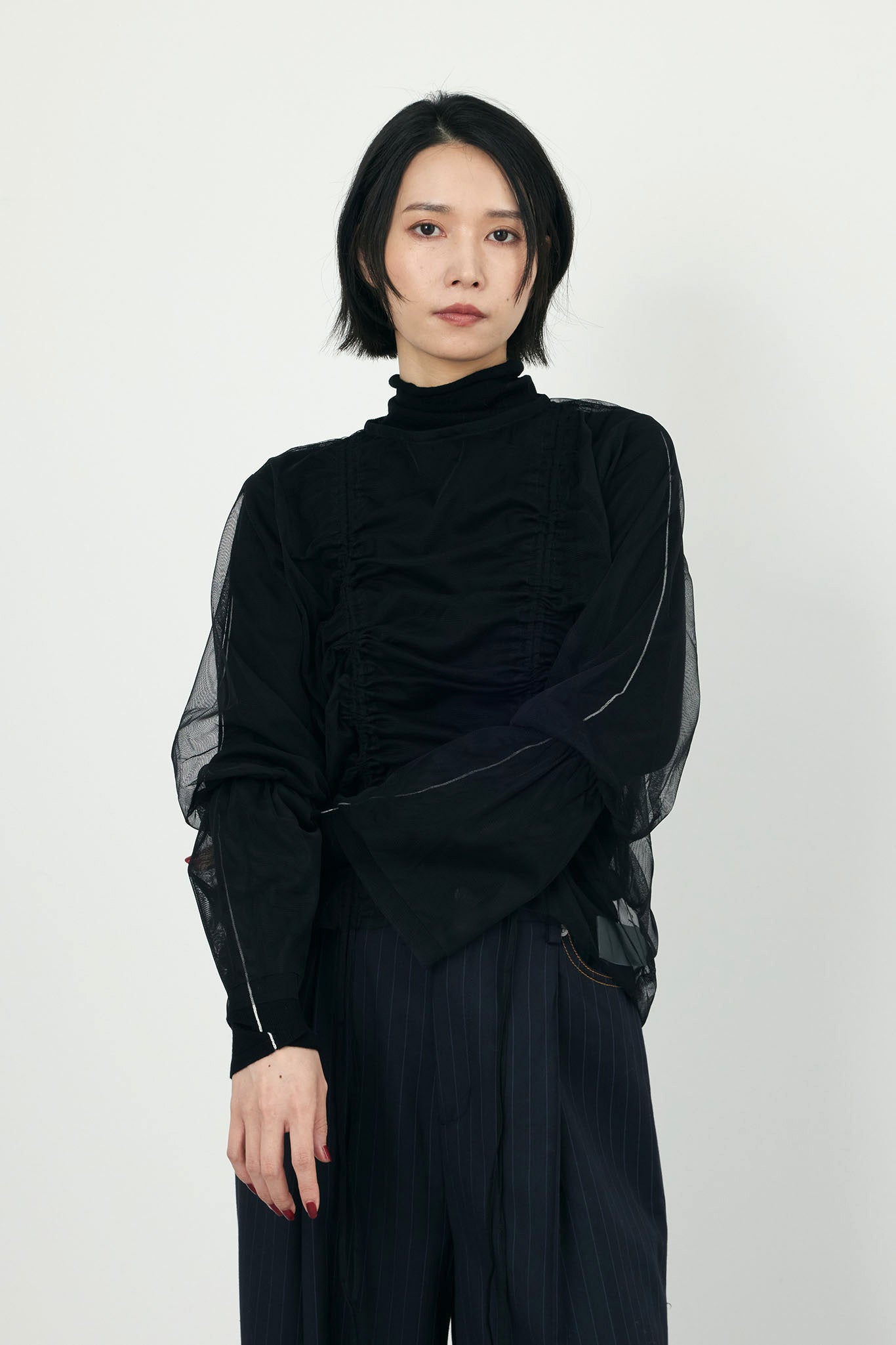 Sheer tulle gathered top