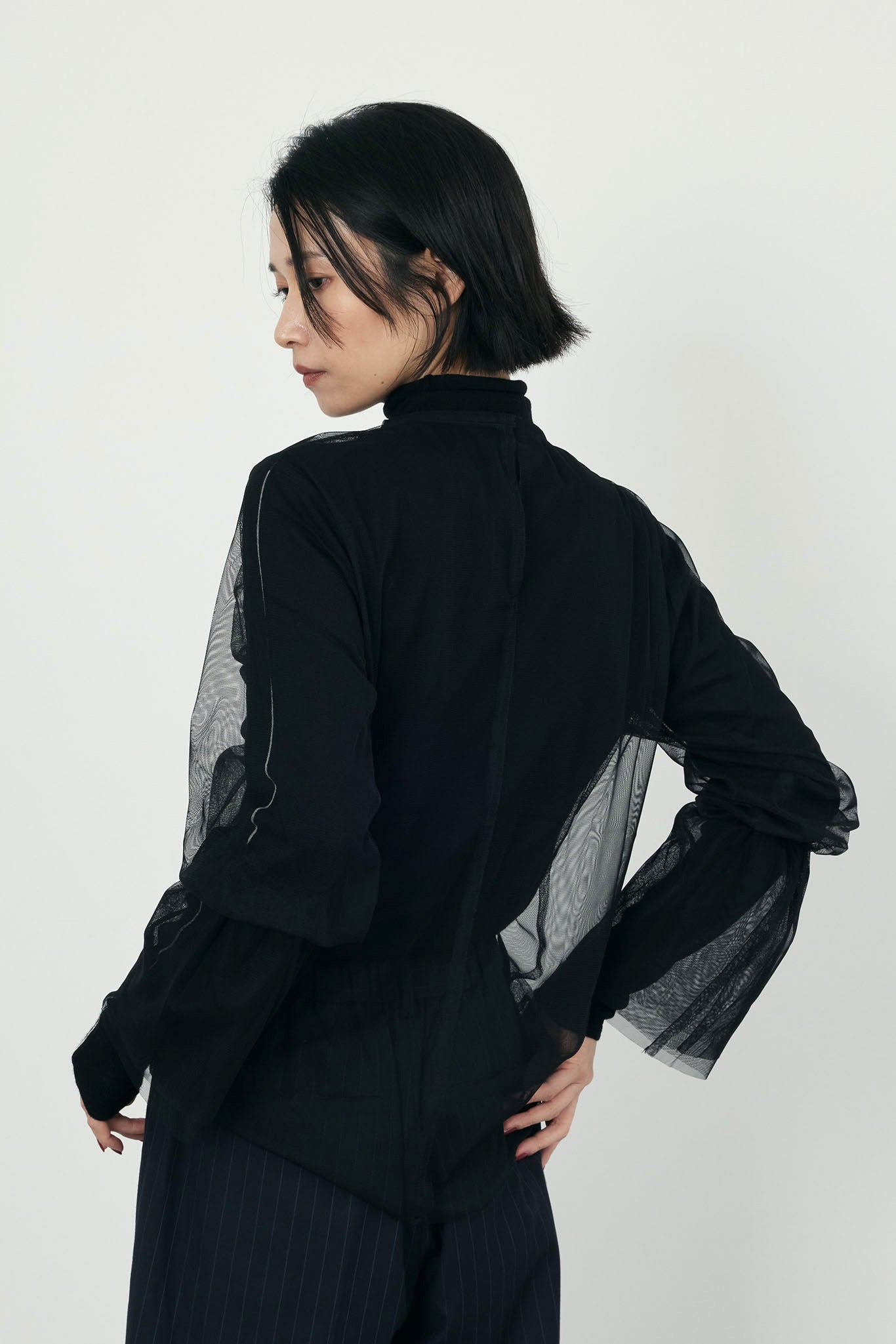 Sheer tulle gathered top