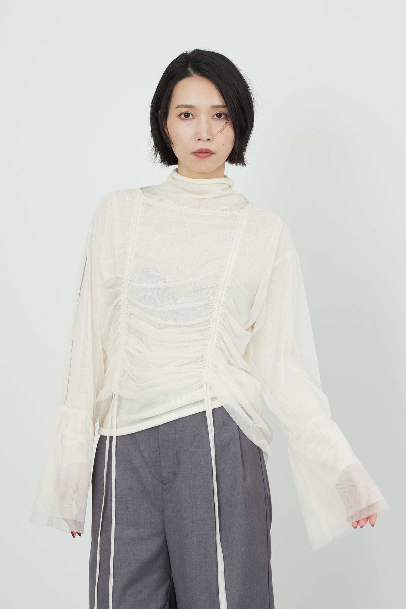 Sheer tulle gathered top