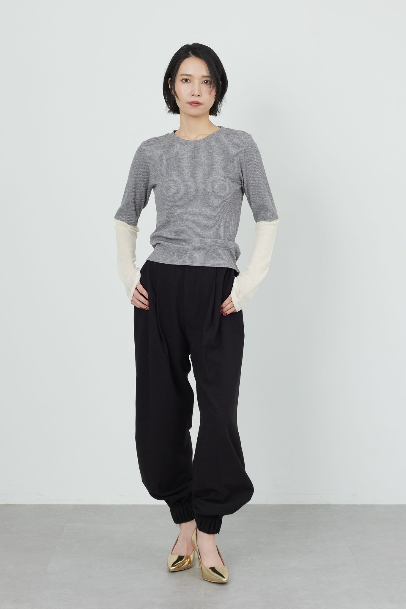 バイカラーリブトップス