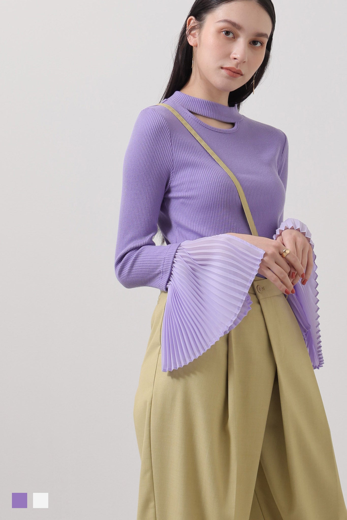 Pleated sleeve ribbed top