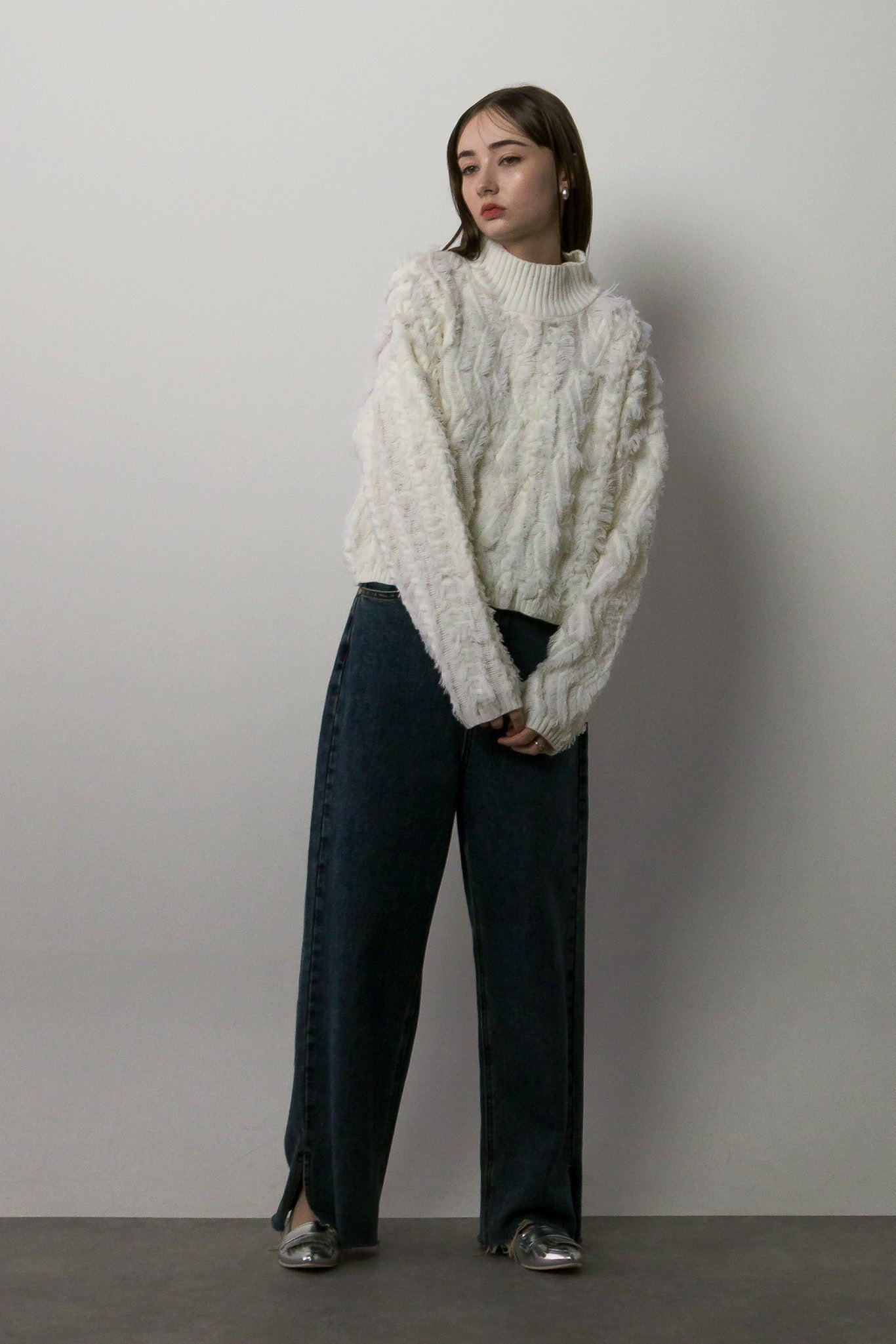 High neck cut fringe knit