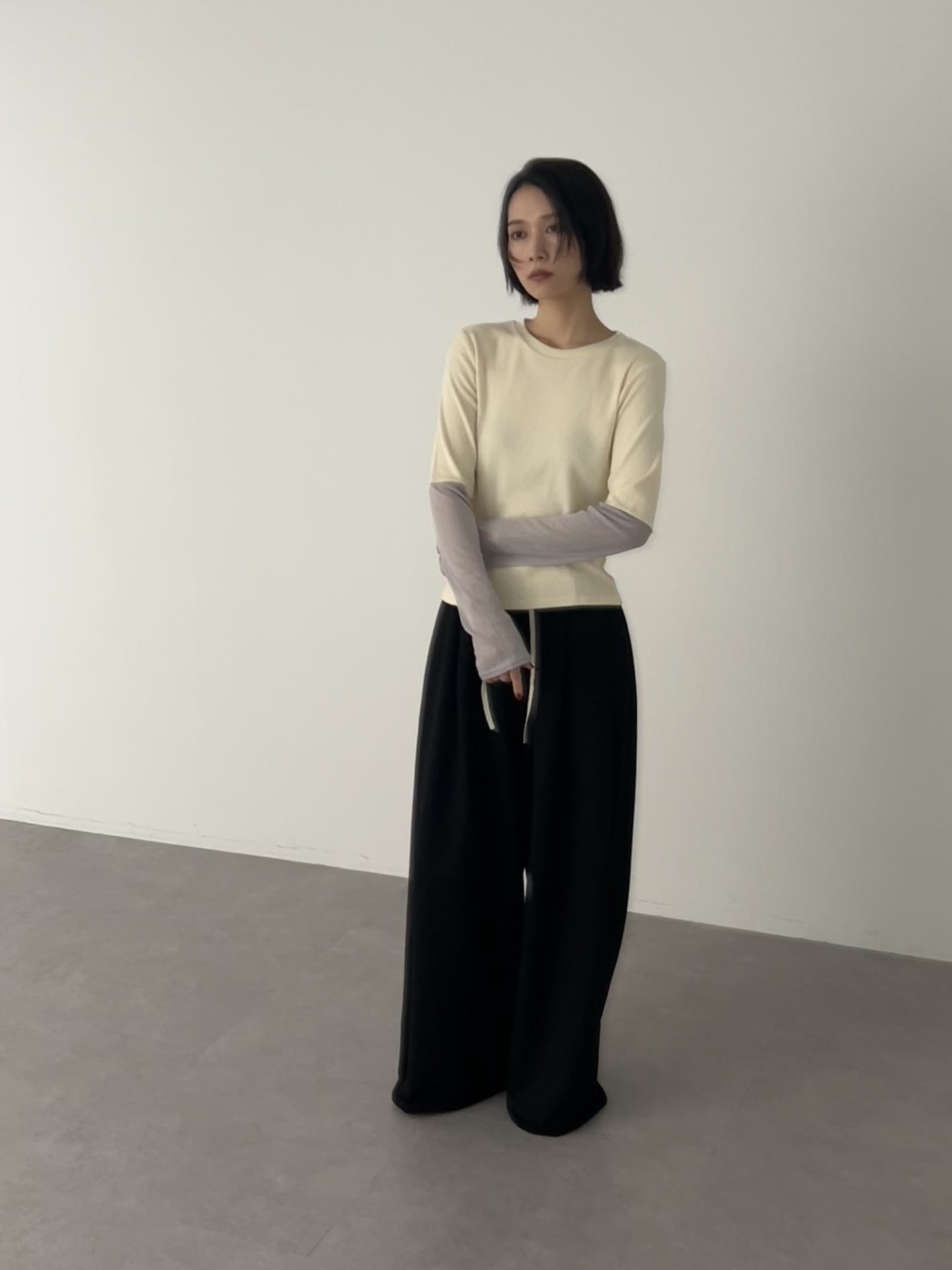 バイカラーリブトップス